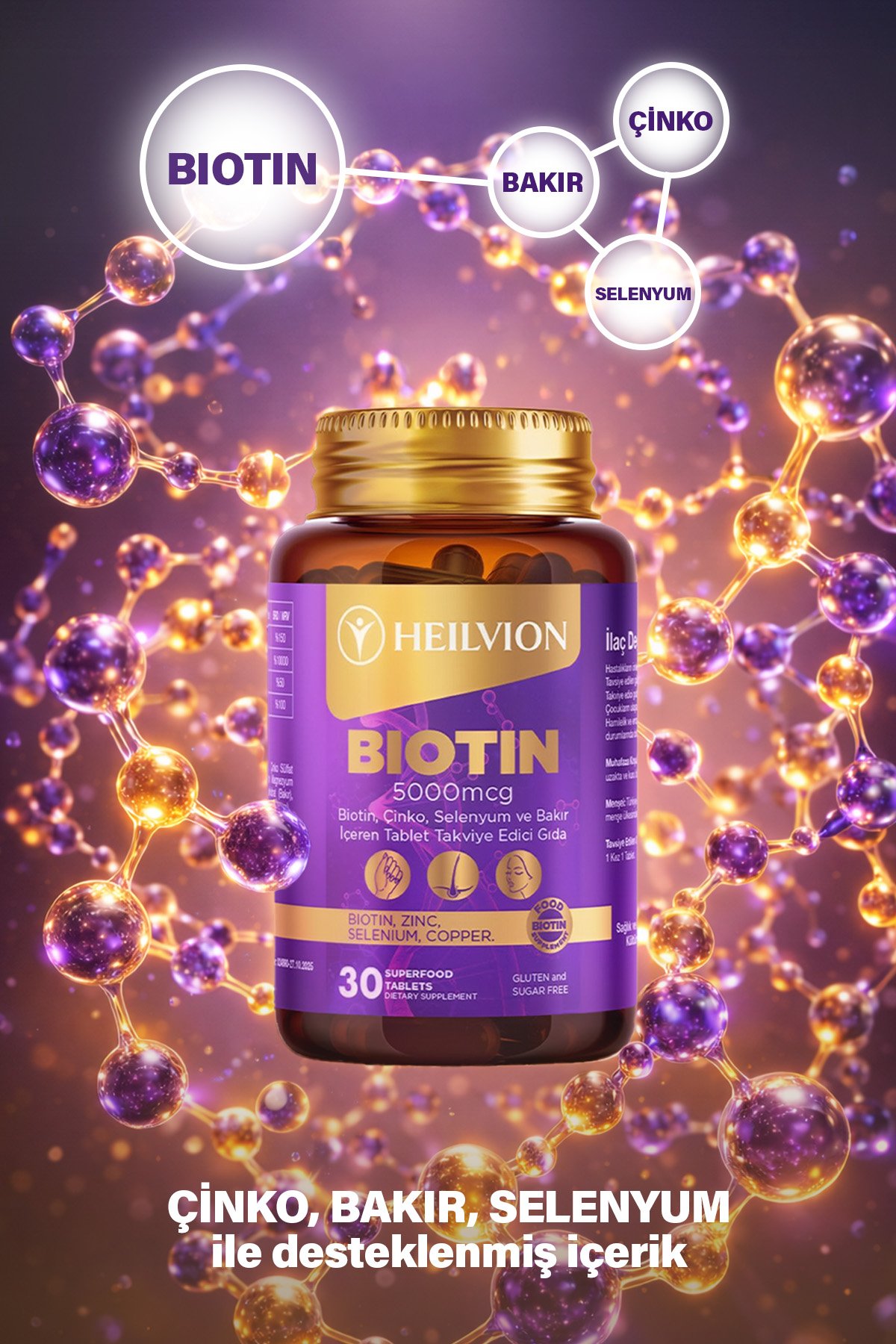 HEILVION Biotin 5.000 Mcg – Biotin, Çinko, Selenyum, Bakır İçeren Saç ve Tırnak Vitamini