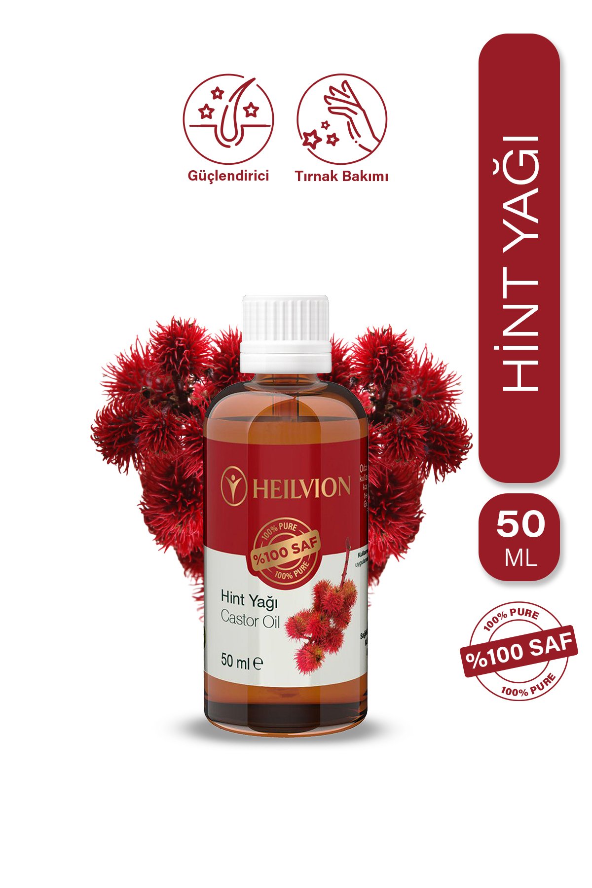 HEILVION Hint Yağı %100 Saf ve Doğal Soğuk Sıkım 50 ML Saç & Cilt Bakım Yağı, Kaş & Kirpik Doğal Destek